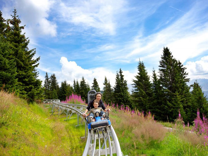 Enfant et son animatrice en colonie de vacances faisant de la luge sur rails à la montagne 