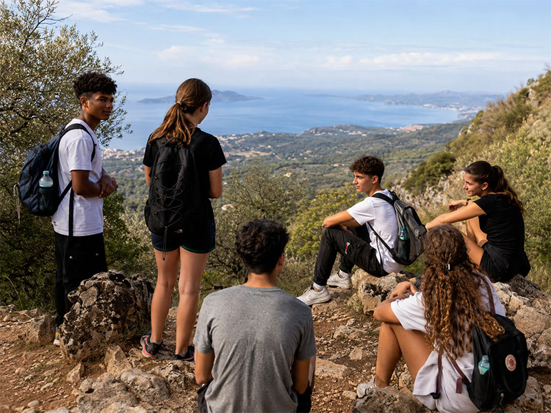 Groupe de jeunes en balade à Corfou en automne