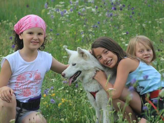 Groupe d'enfants avec un chien en canirando