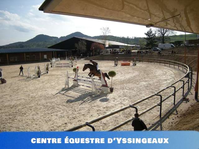 Vue sur le centre équestre d'Yssingeaux avec un cheval sur parcours