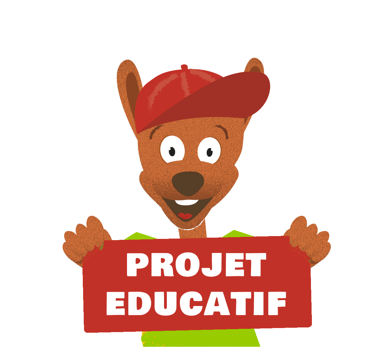 Mascotte Djuringa Scolaires tenant une pancarte projet éducatif séjours scolaires