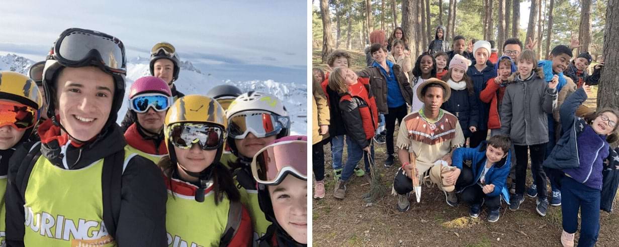 Enfants en colonie de vacances à la neige en février