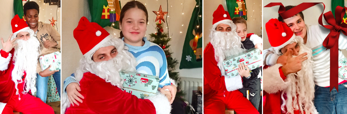 Photos des jeunes qui fêtent Noel en colo de vacances avec leur animateur déguisé en Pere Noel