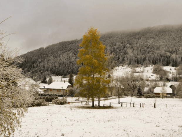 Paysage enneigé durant l'hiver au chalet St Hugues qui est un centre de colo de vacances 