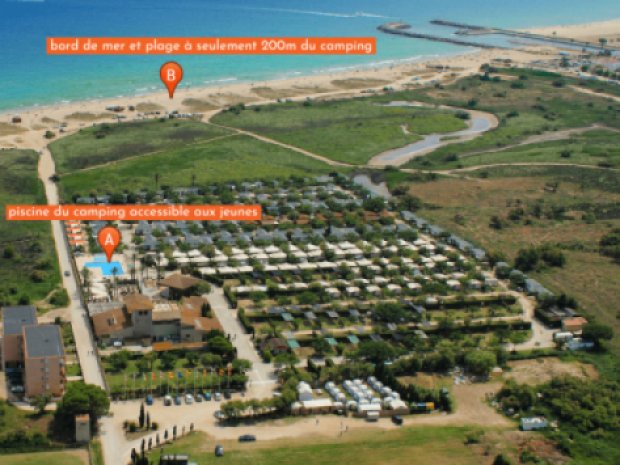 Vue en plongée sur la zone du camping Castell Mar en Espagne avec vue sur la piscine du camping et la mer à proximité