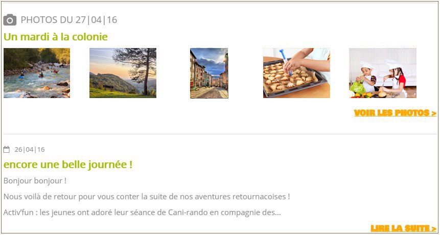 Capture d'écran d'un exemple d'actualités d'un blog de colonie de vacances