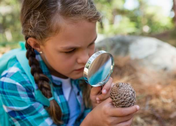 Jeune fille observant une pomme de pin à travers une loupe