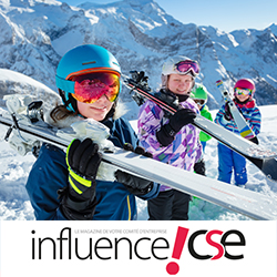 Photo d'enfants en colo au ski avec logo Influence CSE