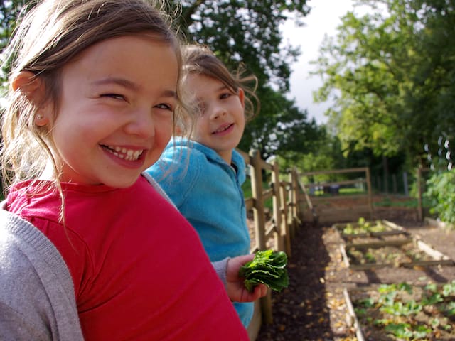 Portraits de jeunes enfants qui font le jardin en colo à la ferme cet été