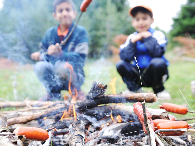 Deux enfants faisant griller des saucisses sur le feu de camp en colonie de vacances