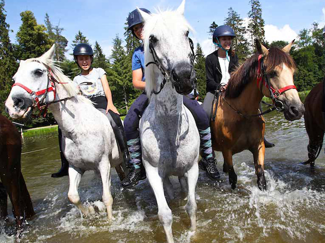 Enfants en rando à cheval dans une rivière