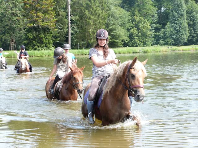 Chevaux traversant la rivière avec des enfants en colo