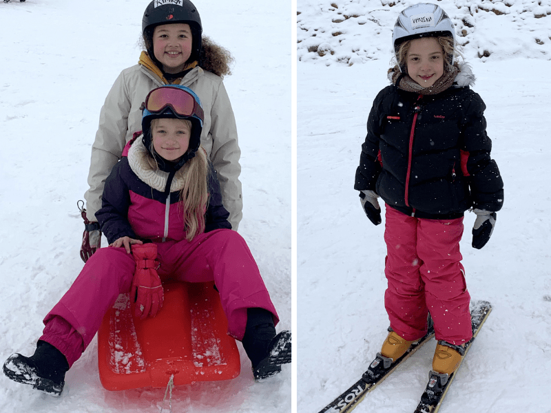Enfants qui font de la luge et du ski en colonie de vacances  Crinière et Boules de poils