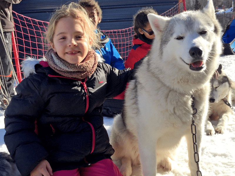 Jeune fille avec son chien de traineau en colonie de vacances hiver