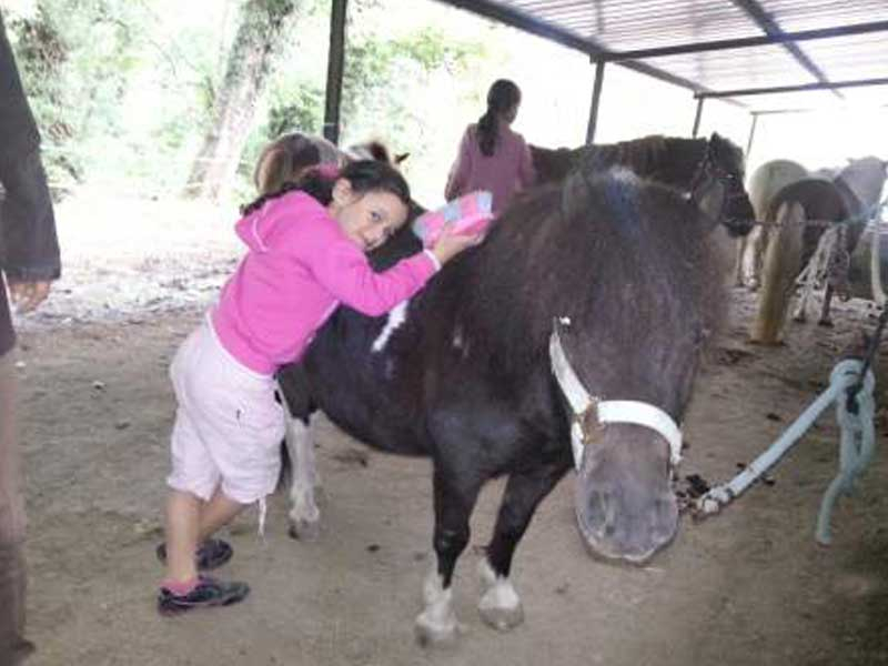Jeune fille avec son poney qui profite de sa colonie de vacances Equitation de l'été