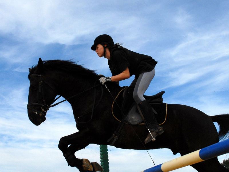 Jeune fille qui monte à cheval en colonie de vacances Equitation cet automne