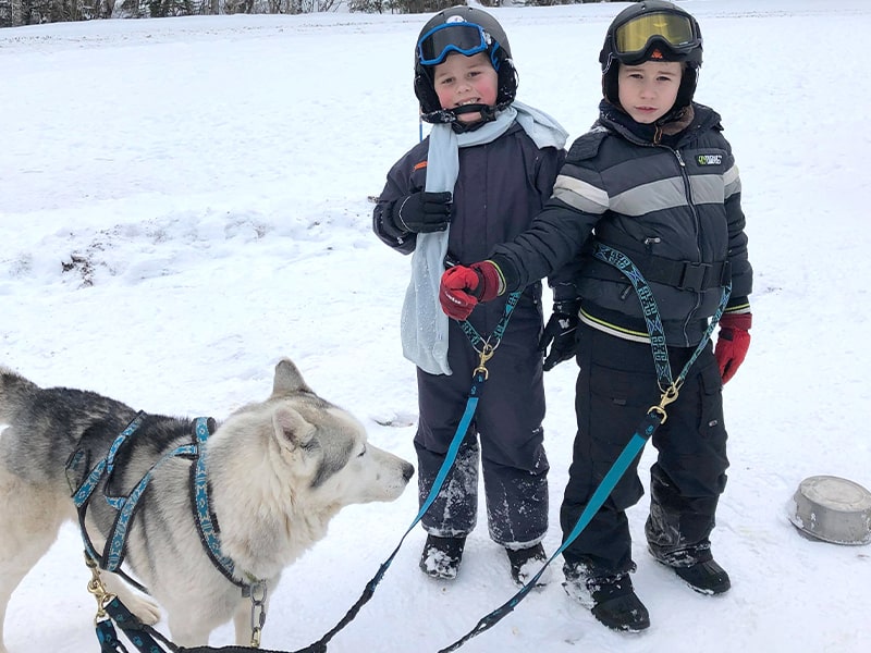 Deux enfants qui promènent un husky lors d'une colonie de vacances JO d'hiver au Nid Alpin