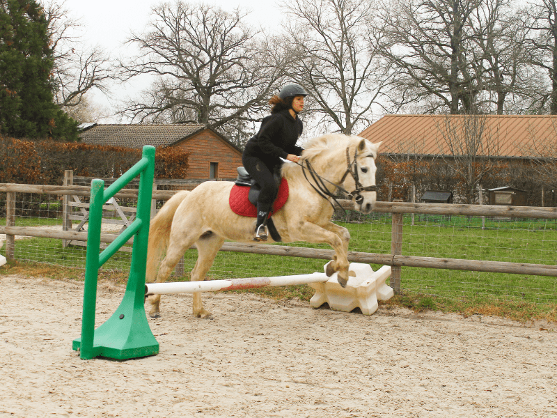Jeune fille qui saute des obstacles à cheval en colo de vacances 100% Equitation