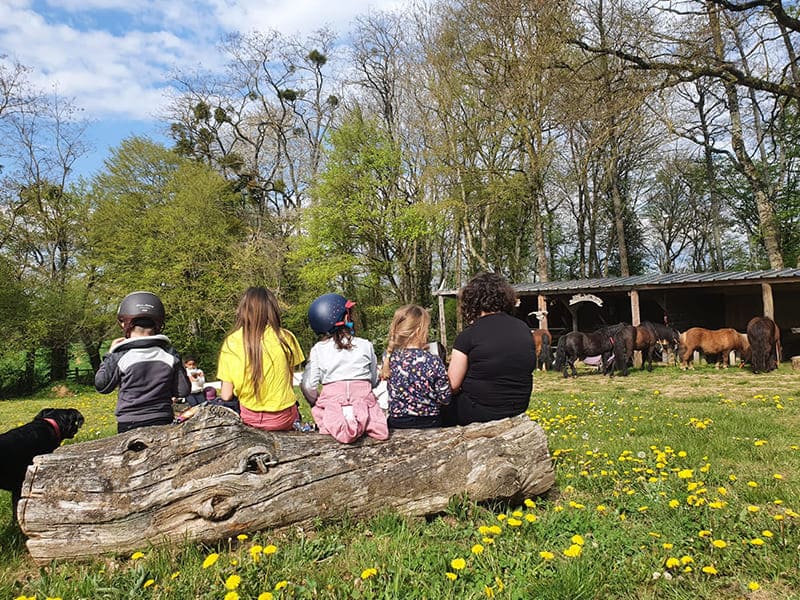 Vue sur des jeunes qui font une pause lors de leur colo de vacances Equitation au printemps