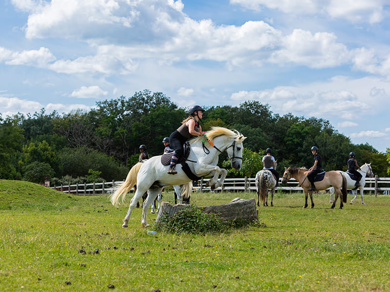 Vue sur une jeune qui franchit un obstacle équestre avec son cheval durant une colo de vacances au printemps