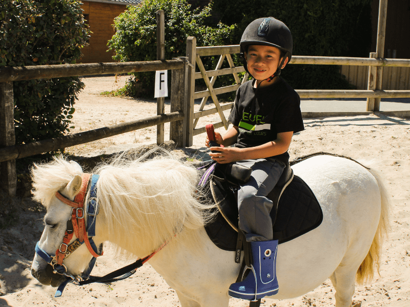 Jeune garçon sur un poney en colo de vacances Equitation ce printemps