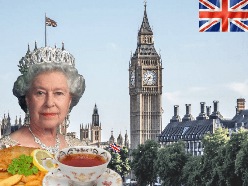 Photo de l'Angleterre où on aperçoit la Reine d'Angleterre et Big Ben